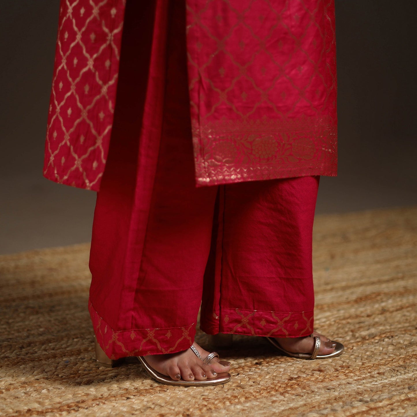 Red - tanchoi silk cotton banarasi kurta set for women (set
