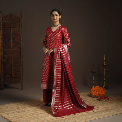 Red - tanchoi silk cotton banarasi kurta set for women (set