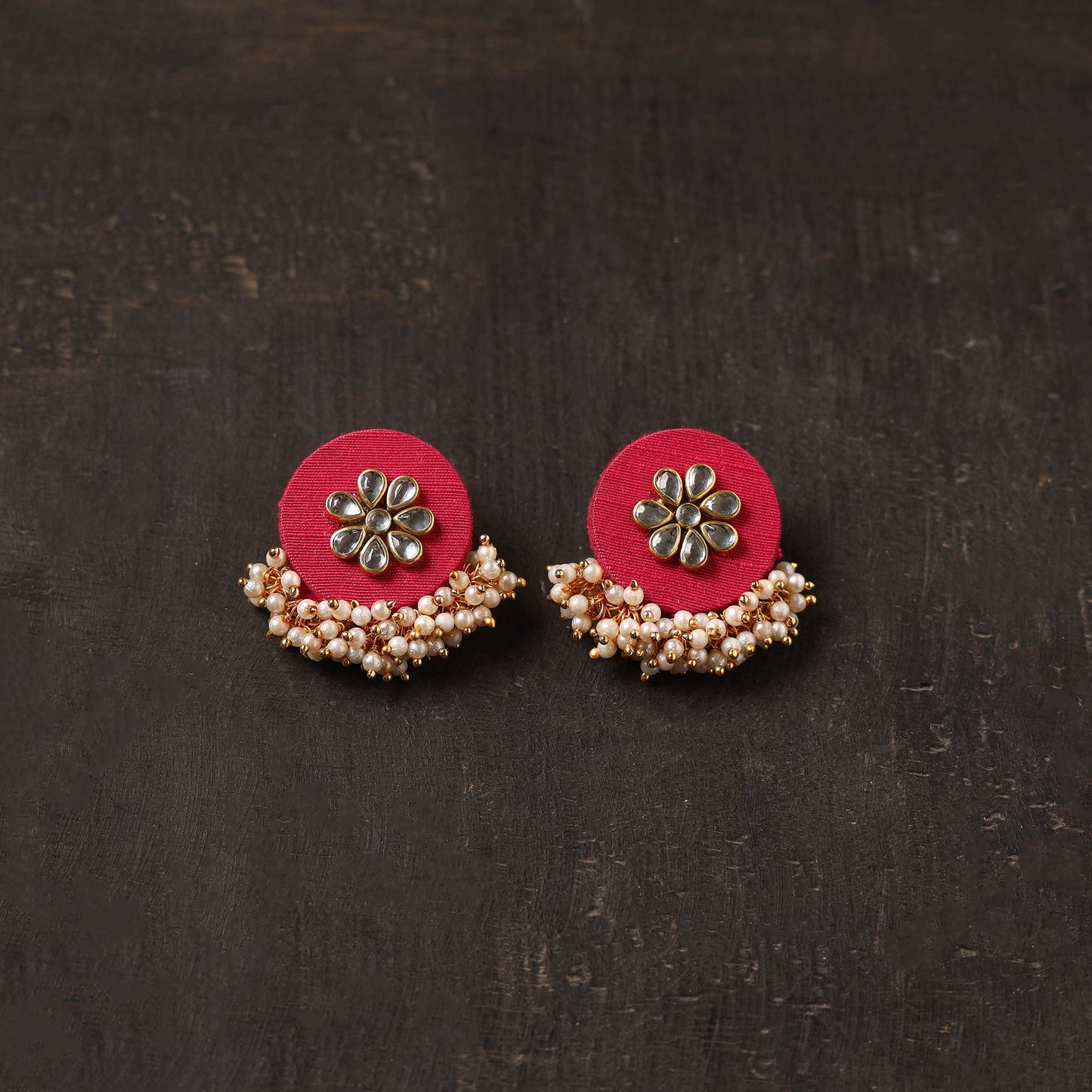 Red - tanvi fabart earrings with kundan & beads