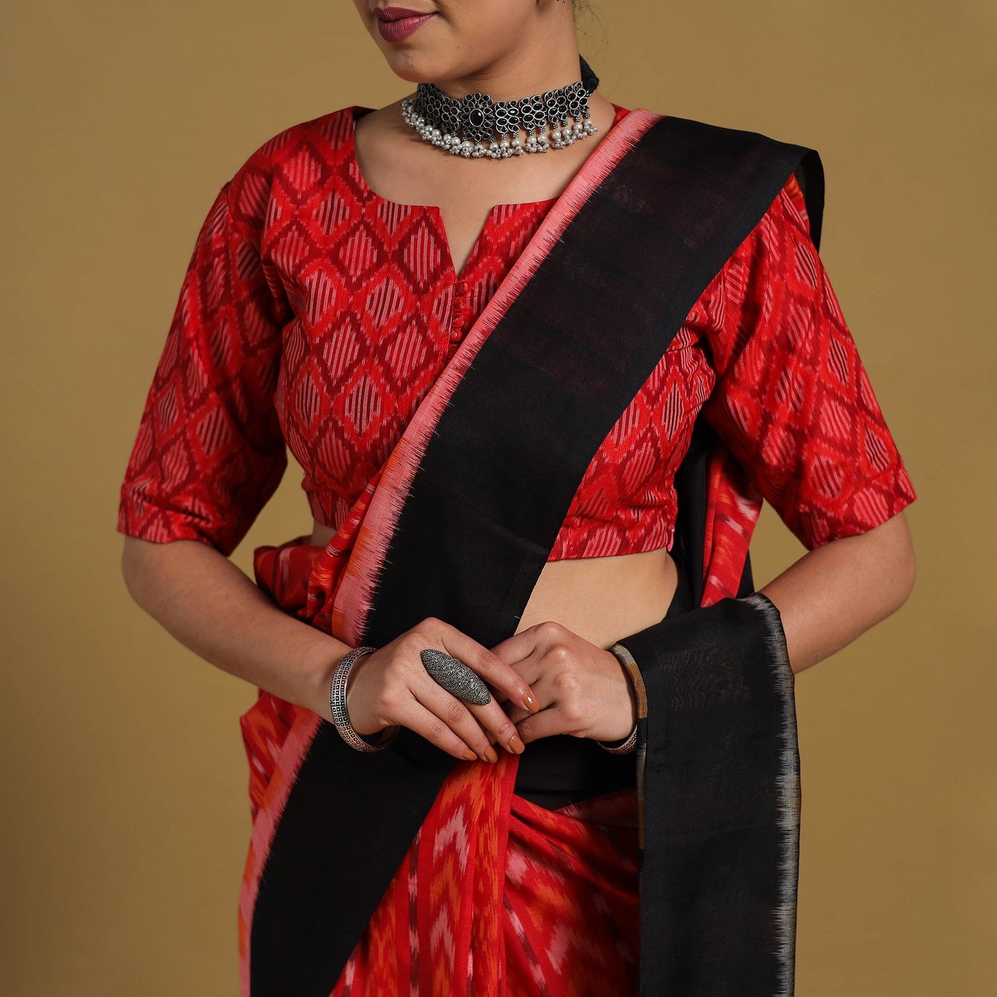 Red Telia Rumal Handloom Cotton Pochampally Double Ikat Saree