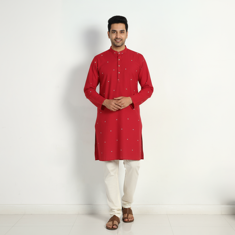 Red - thread buti cotton long plain kurta for men 06