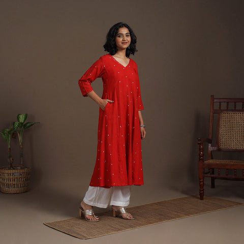 Red - thread buti work cotton plain kurta set (set of 2) 03