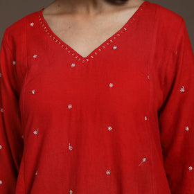 Red - thread buti work cotton plain kurta set (set of 2) 03
