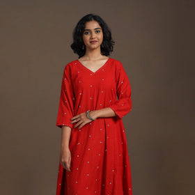 Red - thread buti work cotton plain kurta set (set of 2) 03