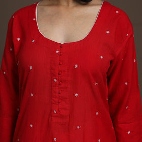 Red - thread buti work cotton plain kurta set (set of 2) 09