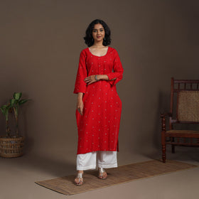Red - thread buti work cotton plain kurta set (set of 2) 09