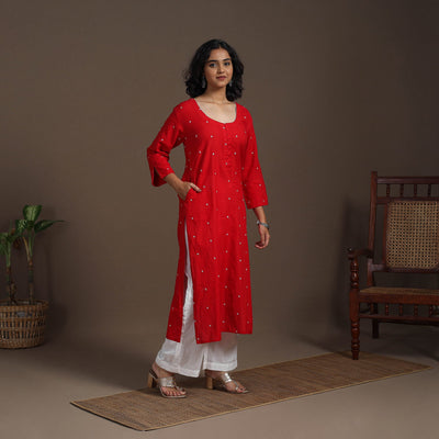 Red - thread buti work cotton plain kurta set (set of 2) 09