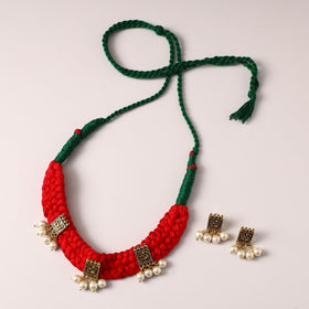 Red - thread work german silver necklace set 02