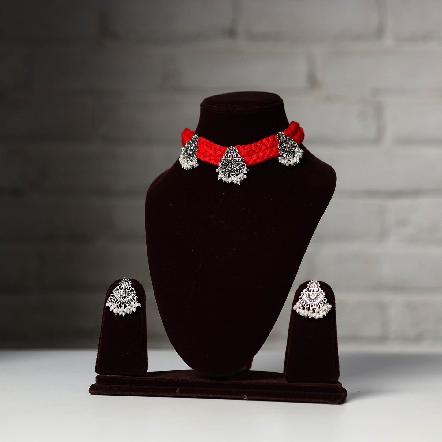 Red - thread work german silver necklace set 04