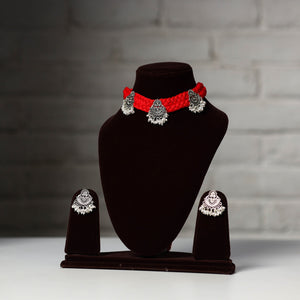 Red - thread work german silver necklace set 04