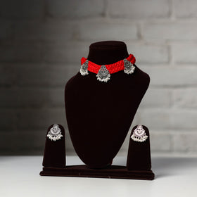 Red - thread work german silver necklace set 04