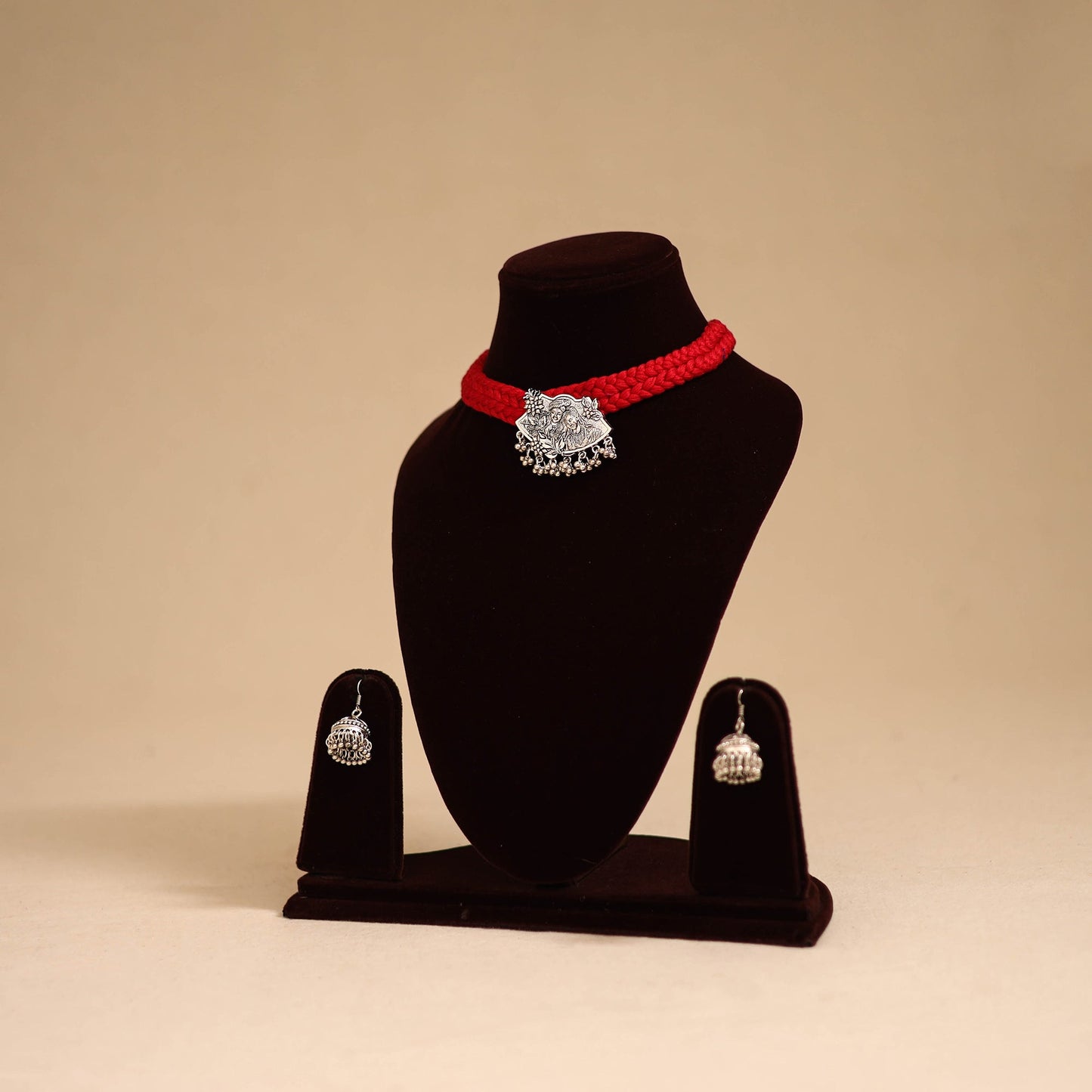 Red - thread work german silver necklace set 04