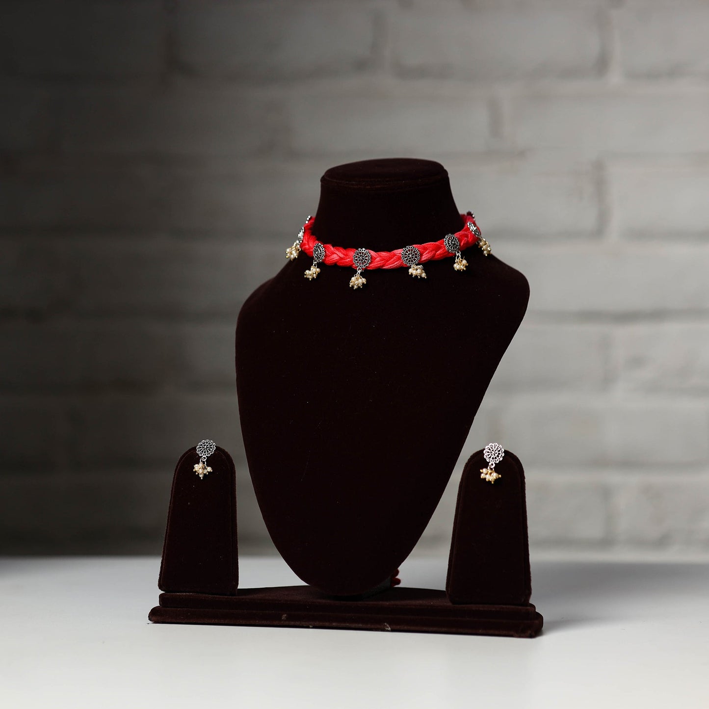 Red - thread work german silver necklace set 11