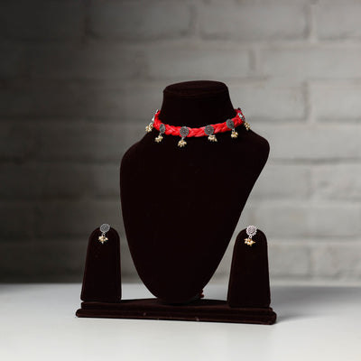 Red - thread work german silver necklace set 11