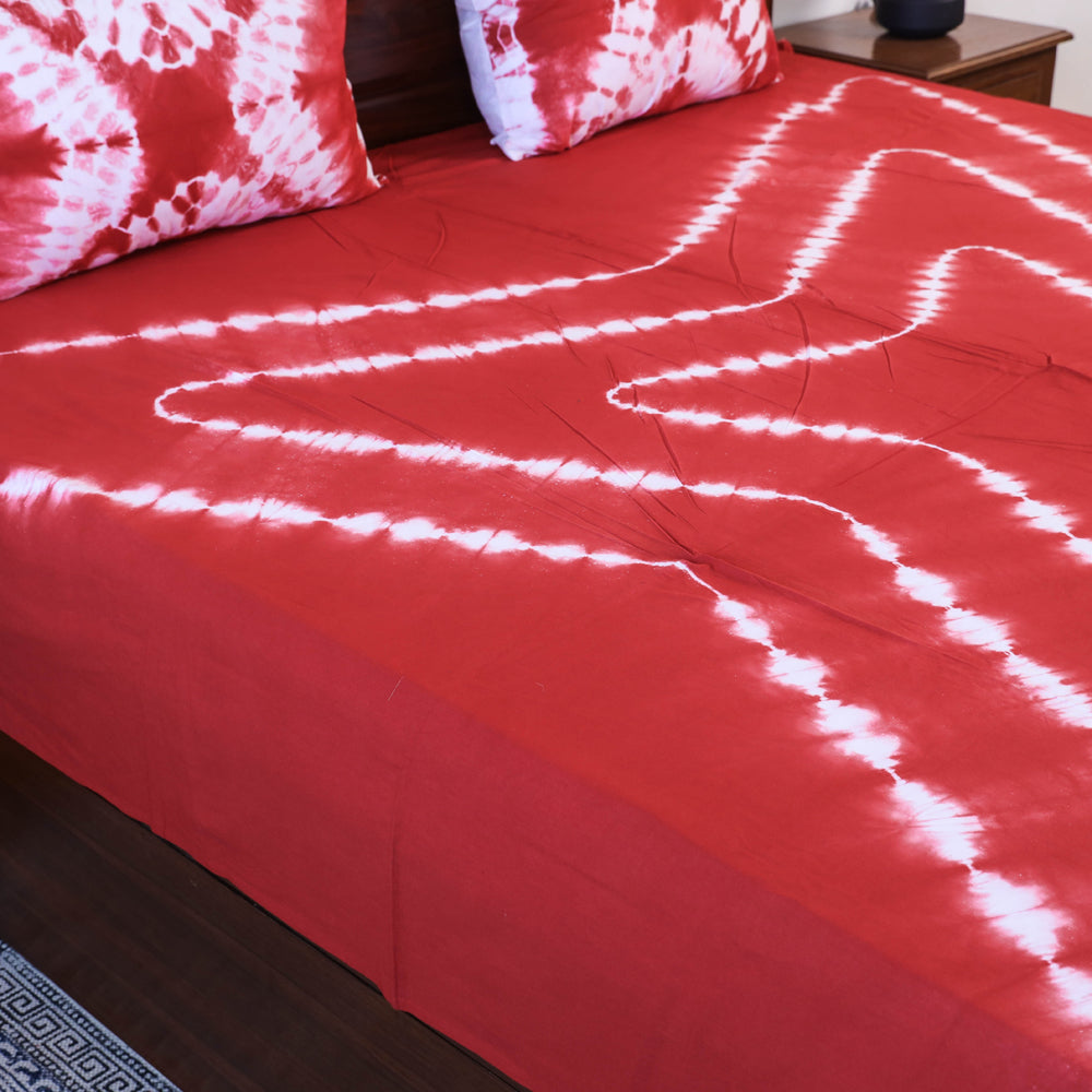 Red Tie & Dye Cotton Double Shibori Bed Sheet Set
