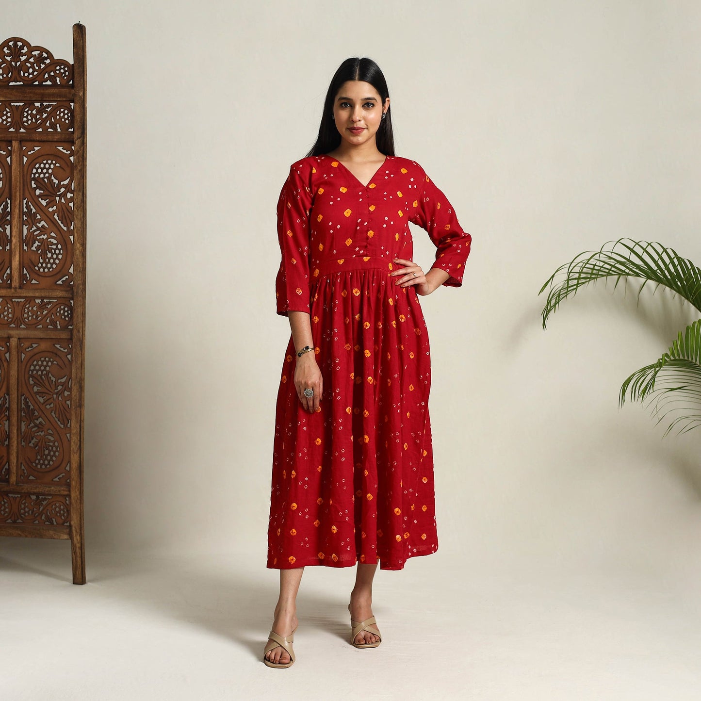 Buy Red Tie & Dye Cotton Flared Bandhani Dress