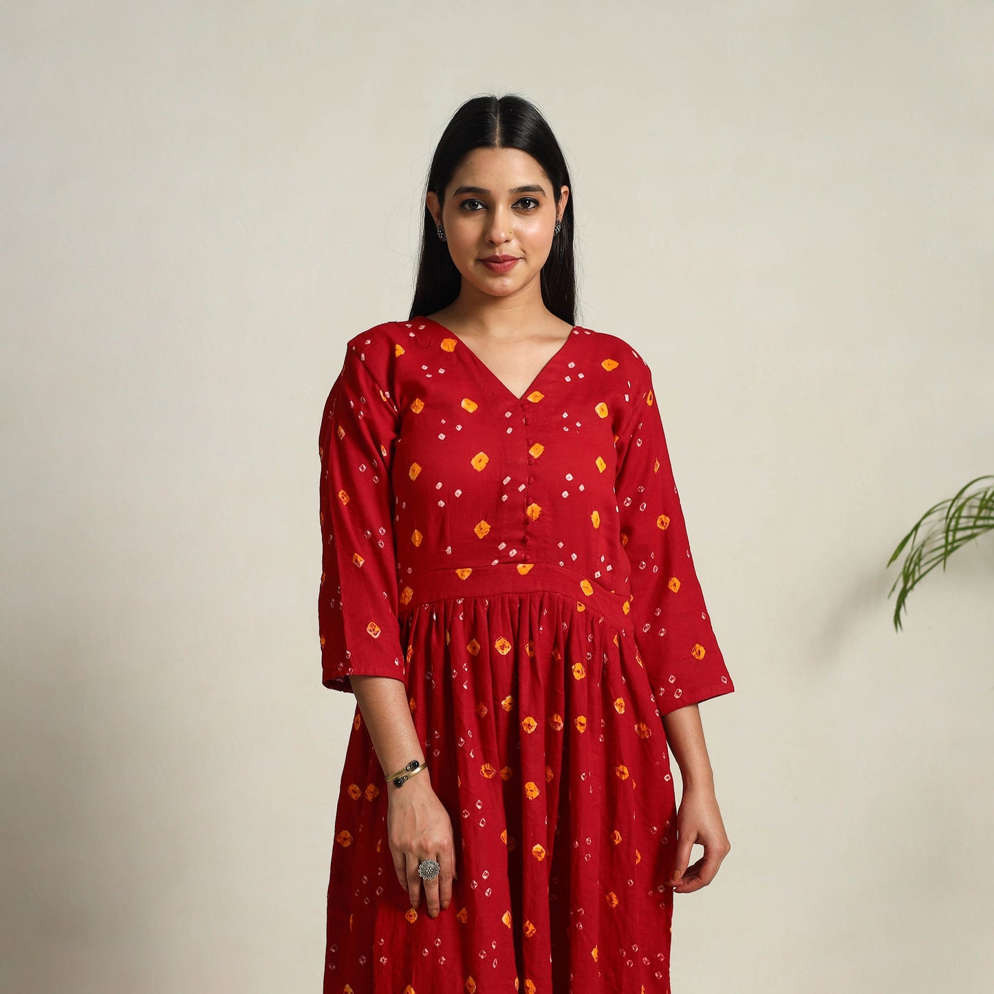 Buy Red Tie & Dye Cotton Flared Bandhani Dress