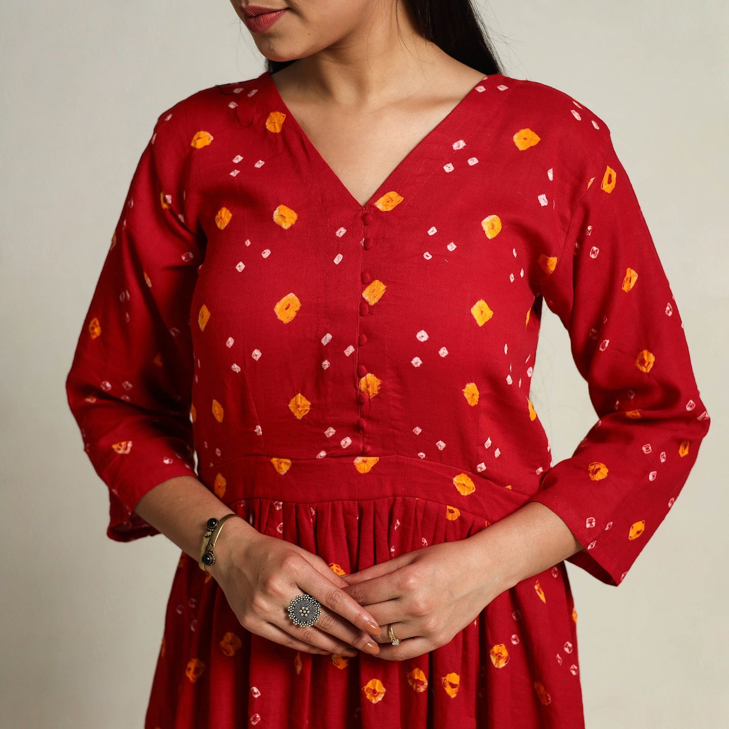 Buy Red Tie & Dye Cotton Flared Bandhani Dress