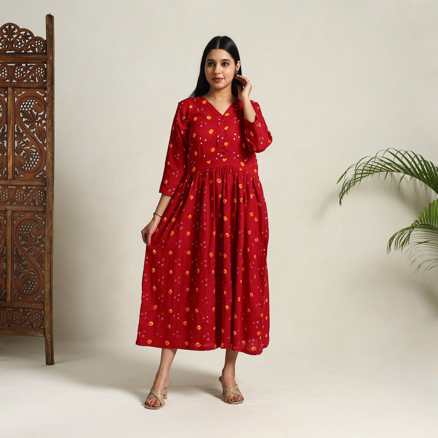 Buy Red Tie & Dye Cotton Flared Bandhani Dress