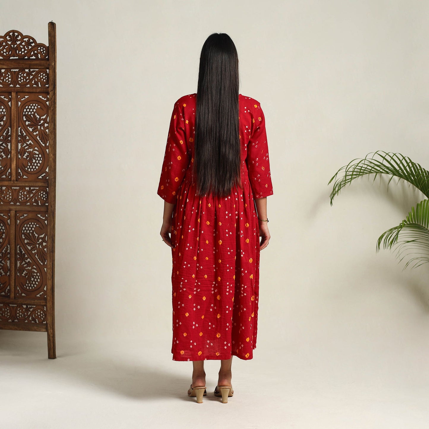 Buy Red Tie & Dye Cotton Flared Bandhani Dress