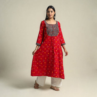 Red Tie-dye Cotton Patchwork A-Line Bandhani Kurta for Women