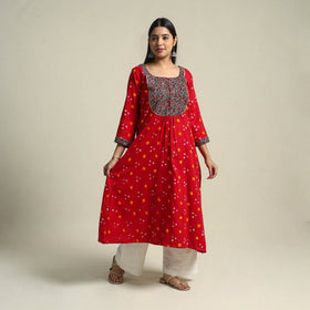 Red Tie-dye Cotton Patchwork A-Line Bandhani Kurta for Women
