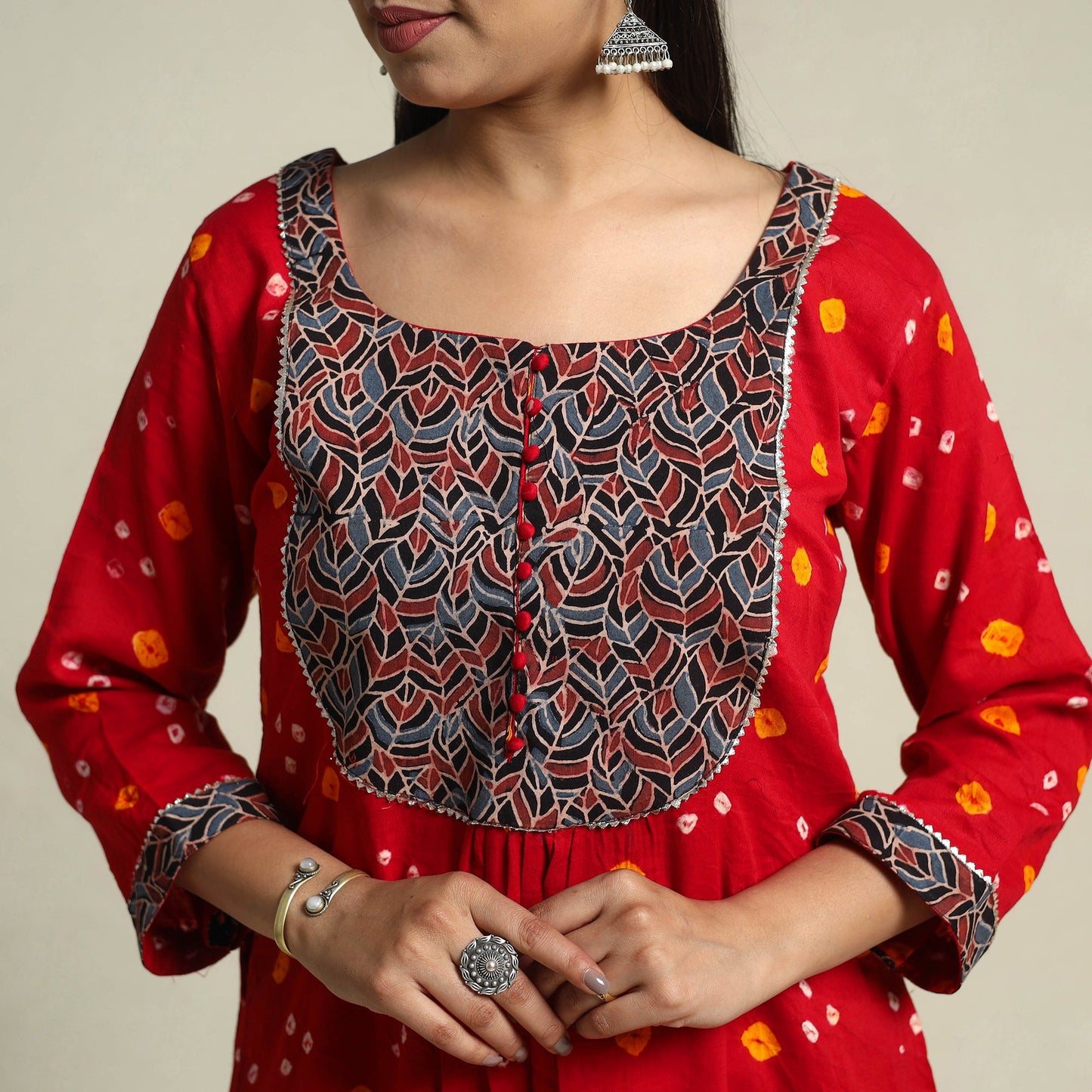 Red Tie-dye Cotton Patchwork A-Line Bandhani Kurta for Women