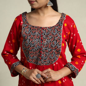 Red Tie-dye Cotton Patchwork A-Line Bandhani Kurta for Women