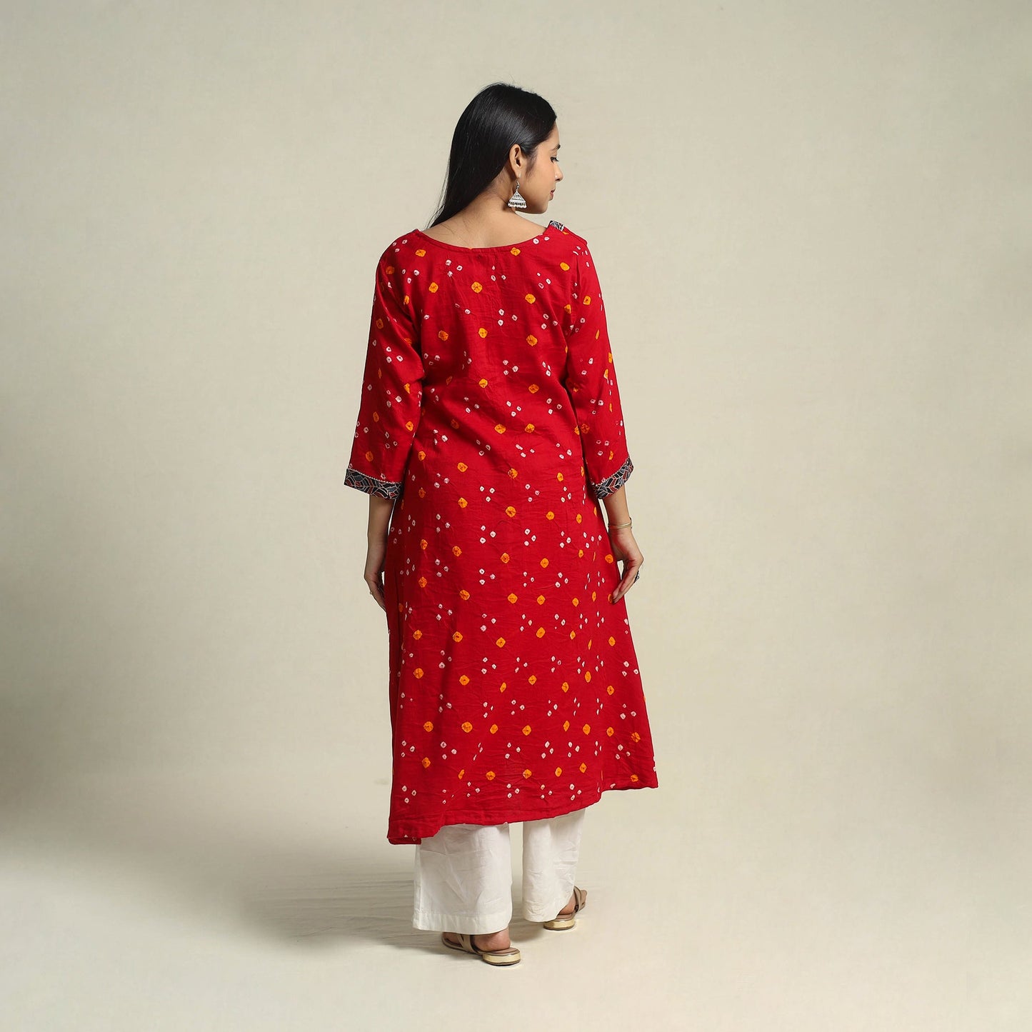 Red Tie-dye Cotton Patchwork A-Line Bandhani Kurta for Women
