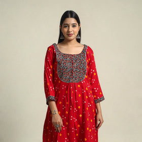 Red Tie-dye Cotton Patchwork A-Line Bandhani Kurta for Women