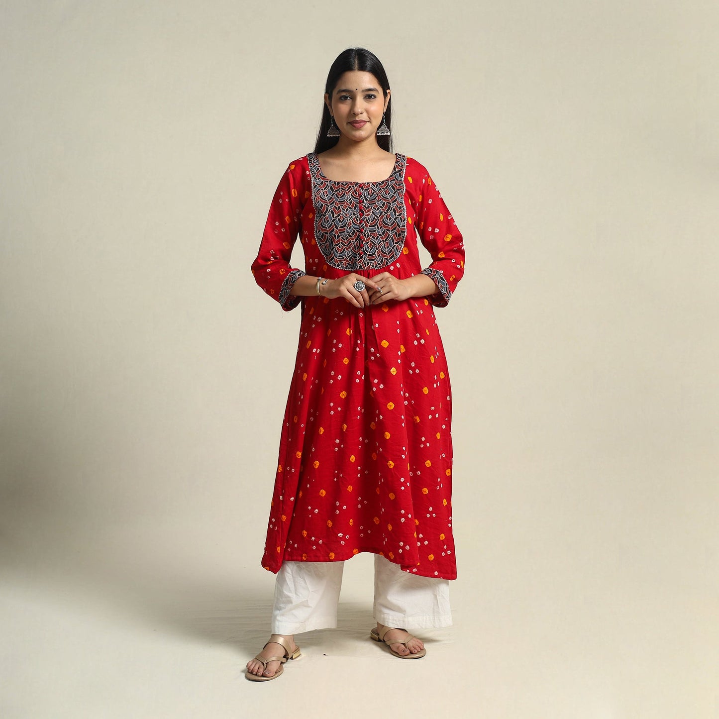 Red Tie-dye Cotton Patchwork A-Line Bandhani Kurta for Women