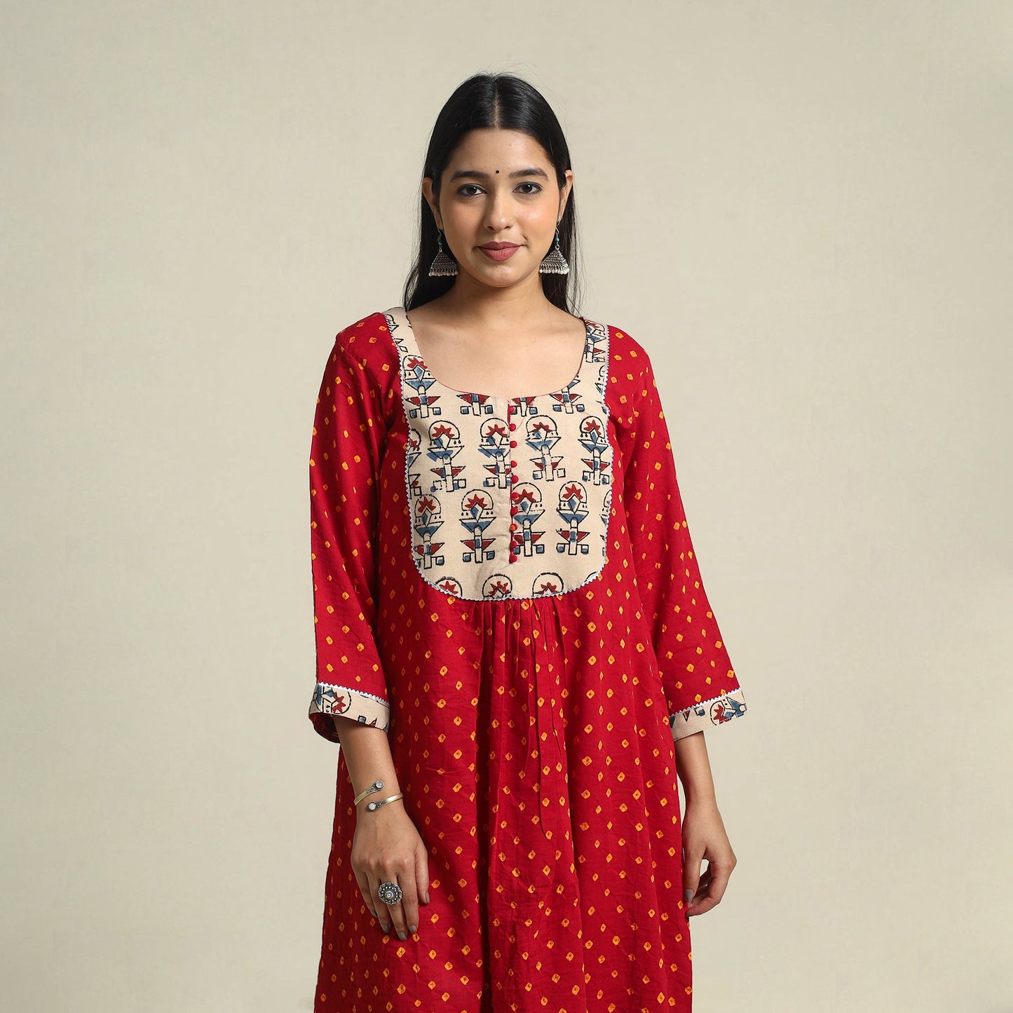 Red Tie-dye Cotton Patchwork A-Line Bandhani Kurta for Women