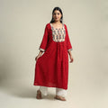 Red Tie-dye Cotton Patchwork A-Line Bandhani Kurta for Women
