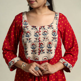 Red Tie-dye Cotton Patchwork A-Line Bandhani Kurta for Women