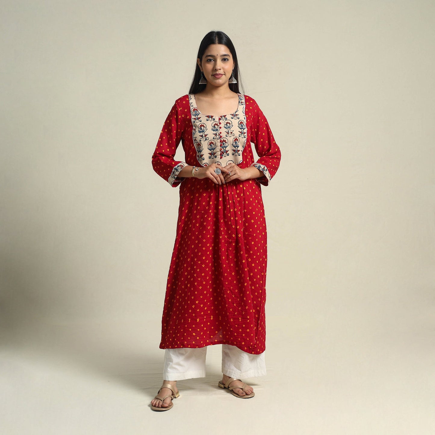 Red Tie-dye Cotton Patchwork A-Line Bandhani Kurta for Women