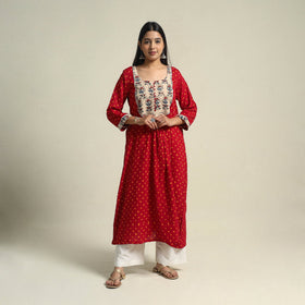 Red Tie-dye Cotton Patchwork A-Line Bandhani Kurta for Women