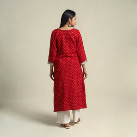 Red Tie-dye Cotton Patchwork A-Line Bandhani Kurta for Women