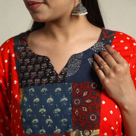 Red Tie-dye Cotton Patchwork Straight Bandhani Kurta for Women