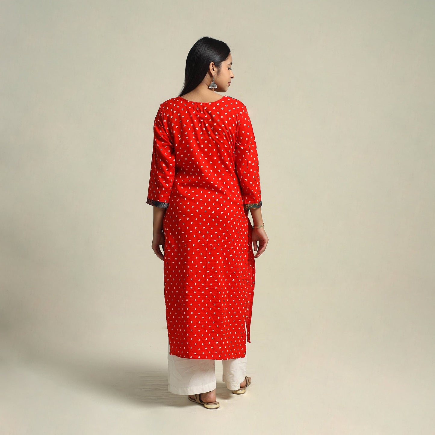 Red Tie-dye Cotton Patchwork Straight Bandhani Kurta for Women