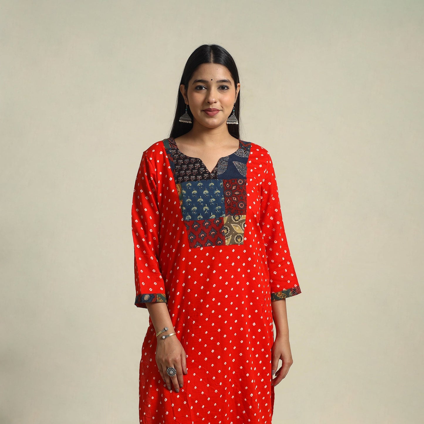 Red Tie-dye Cotton Patchwork Straight Bandhani Kurta for Women