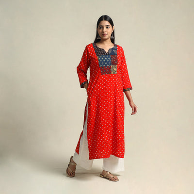 Red Tie-dye Cotton Patchwork Straight Bandhani Kurta for Women