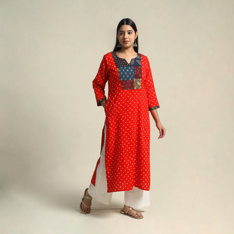 Red Tie-dye Cotton Patchwork Straight Bandhani Kurta for Women