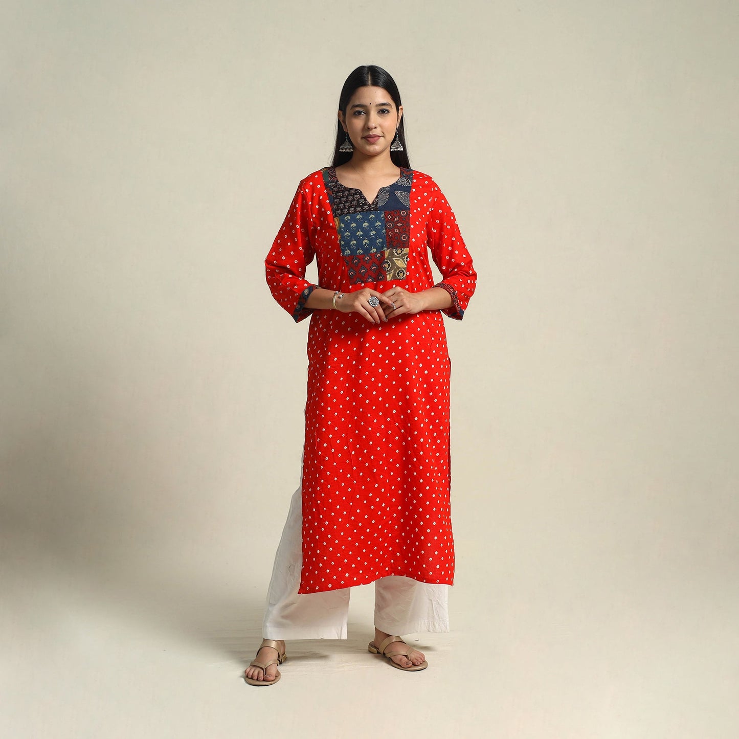Red Tie-dye Cotton Patchwork Straight Bandhani Kurta for Women