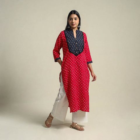 Red Tie-dye Cotton Patchwork Straight Bandhani Kurta for Women