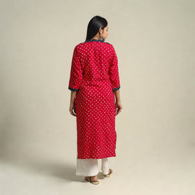 Red Tie-dye Cotton Patchwork Straight Bandhani Kurta for Women