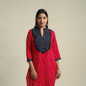 Red Tie-dye Cotton Patchwork Straight Bandhani Kurta for Women