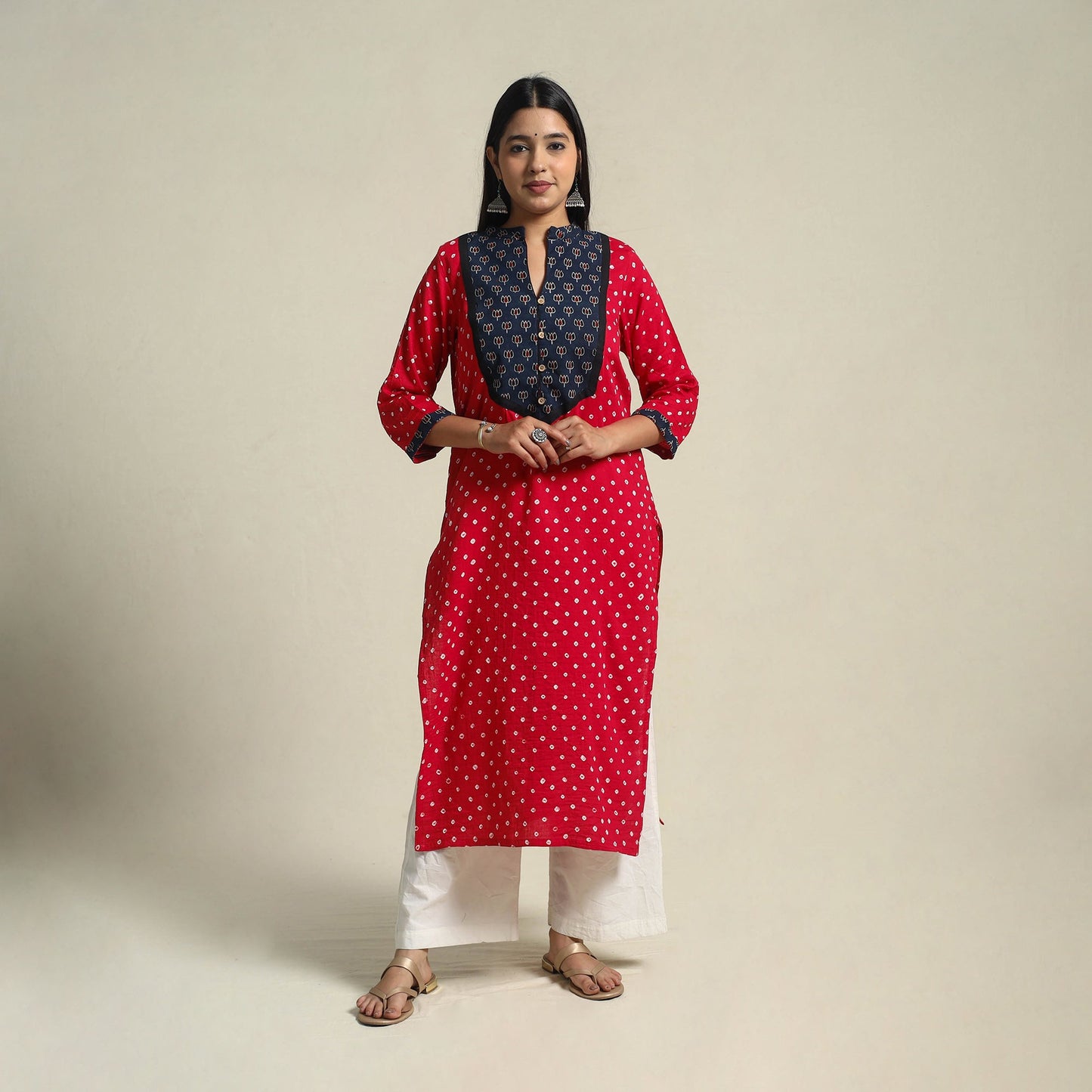 Red Tie-dye Cotton Patchwork Straight Bandhani Kurta for Women