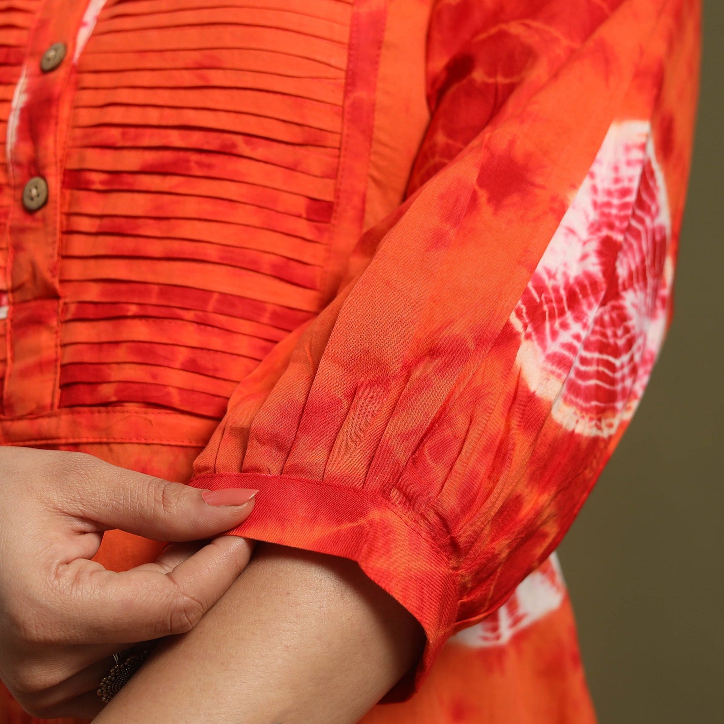 Red - tie-dye cotton pintuck shibori dress 01 - handcrafted