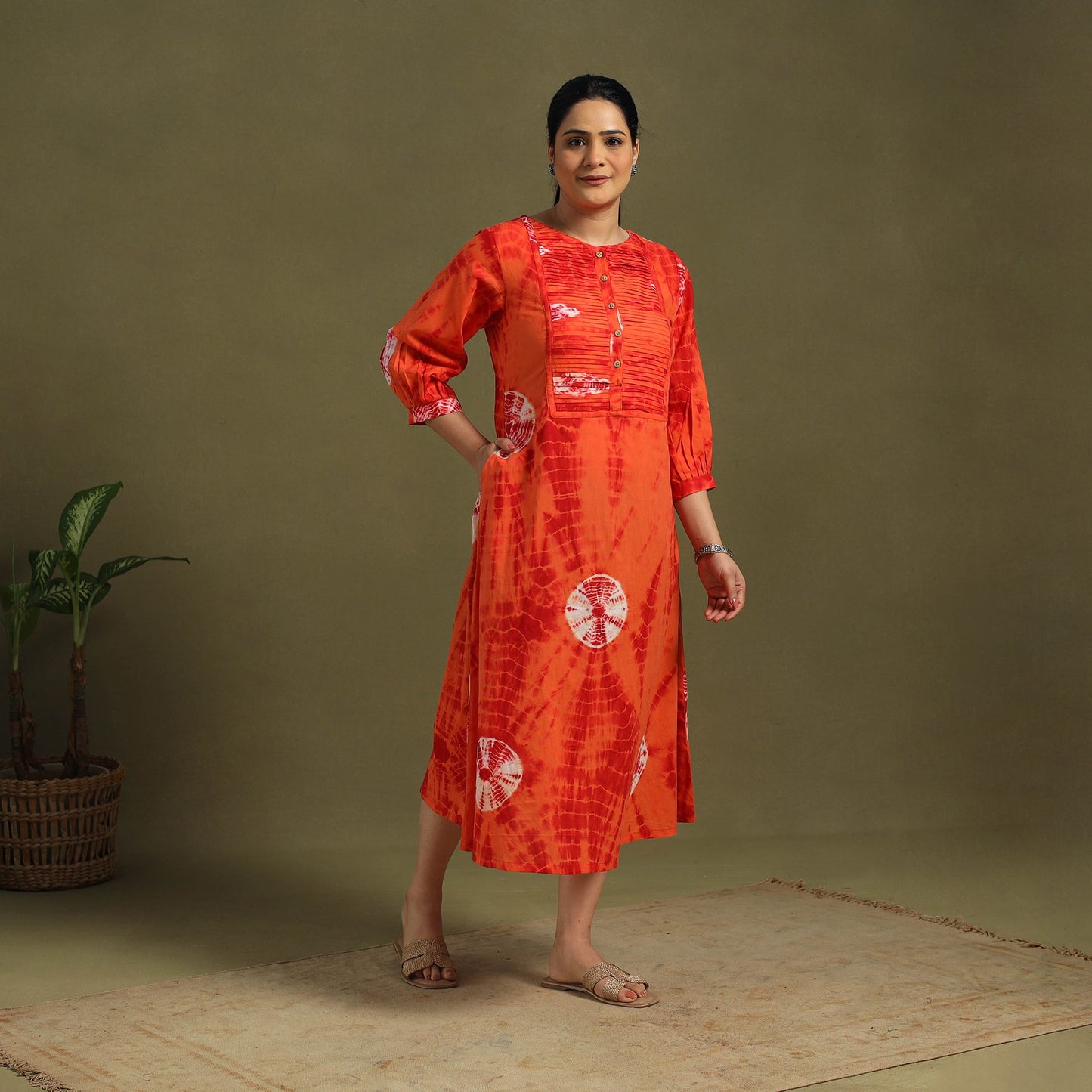 Red - tie-dye cotton pintuck shibori dress 01 - handcrafted