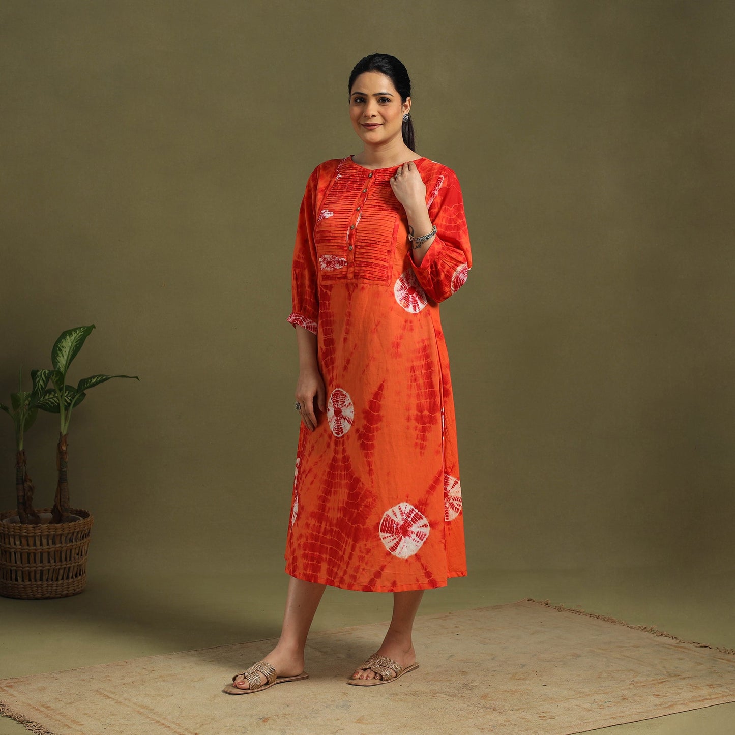 Red - tie-dye cotton pintuck shibori dress 01 - handcrafted